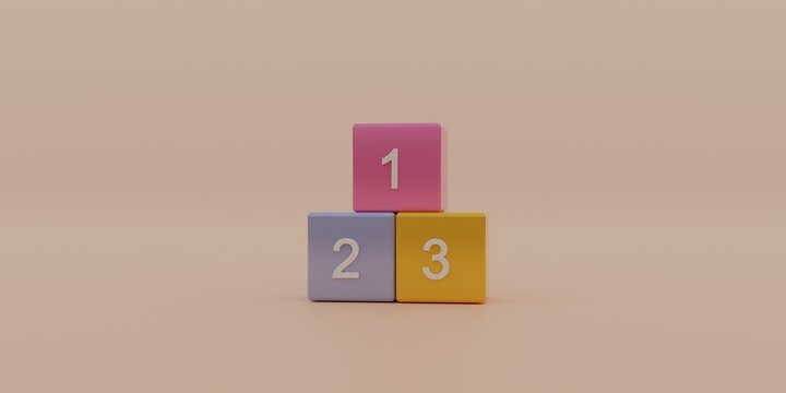 Preschool number 123 block 3d icon isolated on illustration background of one two three education cube brick concept or school learn child play toy sign and kid math count box simple study symbol.