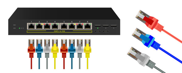 The ethernet switch for mounting with 8 ports, POE Port, Gigabit Port. Network and ethernet cable with network switch. RJ45 Modular plugs for solid Cat5, Cat5e, CAT6 Ethernet Cable connecters. Vector. - obrazy, fototapety, plakaty