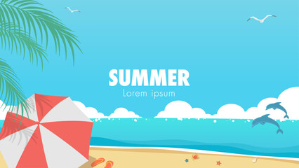 夏の海と空のイラスト　イルカやカモメがいる南国ビーチのバナー背景 © nekonome