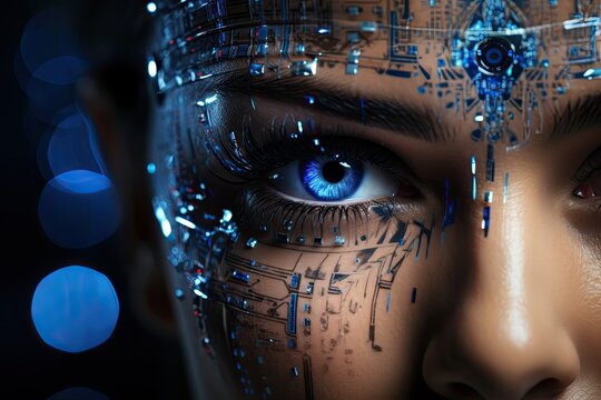 Fusion of Beauty and Technology. Beautiful woman android powered by sophisticated AI algorithms, scanning and processing information, and make decisions.