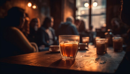Men and women sit at bar counter, drinking cocktails and whiskey generated by AI
