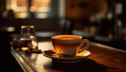 Fototapeta premium Freshly brewed coffee in a cozy modern kitchen, steam rising generated by AI