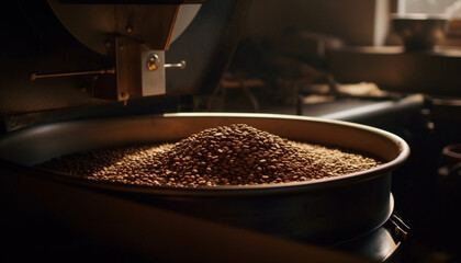 Freshly ground coffee beans pour from metal machinery in workshop generated by AI