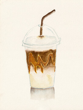 Iced caramel macchiato in a plastic cup with a straw. Watercolor illustration.