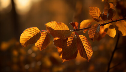 Fototapeta na wymiar Vibrant autumn foliage in close up, backlit by sunlight generated by AI