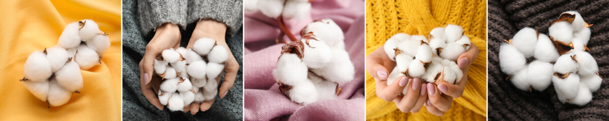 Collage of soft cotton flowers, woman in knitted sweaters and fabrics