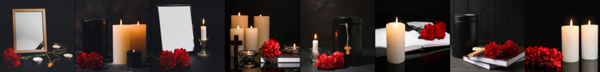 Collage of burning candles with mortuary urns, red carnation flowers, photo frames, books and crosses on dark background