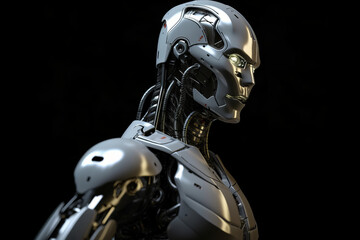 Naklejka premium Android AI robot on dark background. Generated AI tools.