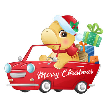 Cute dinosaur sitting in a car with Christmas gifts Christmas winter watercolor illustration