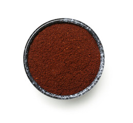 Bowl of coffee powder isolated on white background