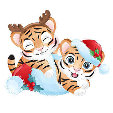 Cute tigers Christmas winter watercolor illustration