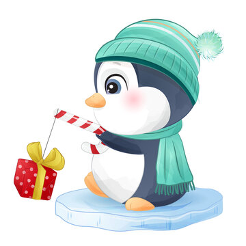 Cute penguin on ice scenery with Christmas gift Christmas winter watercolor illustration