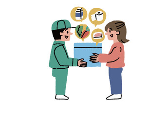 配達員から荷物を受け取る主婦　調理キット配送サービス、お弁当宅配サービスに関するイラスト