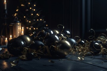 Christmas or New Year composition. Black and gold christmas baubles with golden ribbons on a dark background.