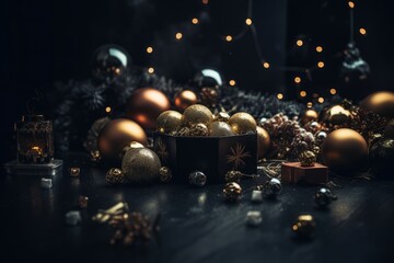 Christmas decoration on dark wooden background. New Year. Selective focus. Holiday.