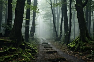 A Misty Forest Pathway: An ethereal forest covered in mist, with a narrow pathway leading into the unknown. Generative AI