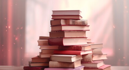 Stack of books on a pink background. Back to school and education concept.