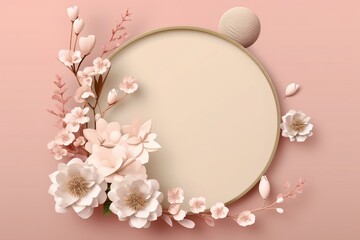 Blank round frame with beautiful flowers on pink background.