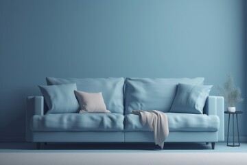 Modern interior with blue wall and sofa, 3D render illustration 
