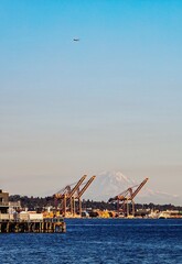 ship in the port with Mount Rainier