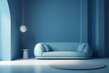 Modern interior with blue wall and sofa, 3D render illustration 

