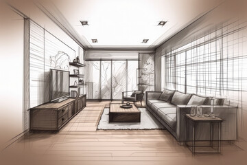 Fototapeta na wymiar Blueprint project draft, sketch of modern wooden living room with sofa, hand painting interior details, japandi design concept idea, parquet floor, custom furniture, generative AI