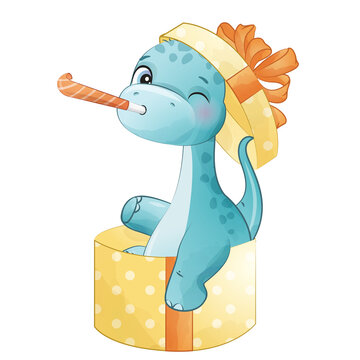 Cute dinosaur in a gift box watercolor illustration