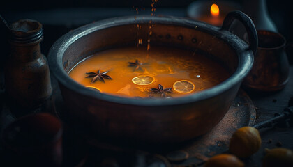 Hot drink warms rustic table with flame, spice, and honey generated by AI