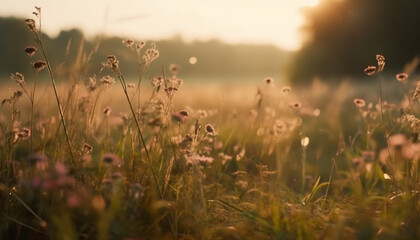 Fototapeta premium Soft dew on bright wildflowers in tranquil meadow at dawn generated by AI