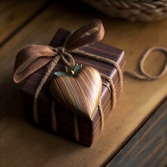 Close up of a gift with brown striped wrapping paper a small heart hangs as a pendant on the gift ribbon the gift lies on a wooden table 