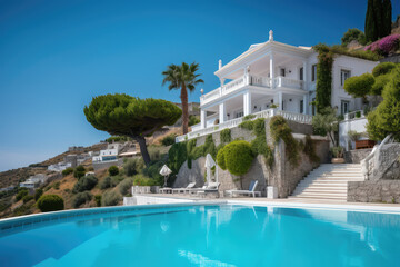Fototapeta na wymiar Traditional mediterranean white house with pool on hill with stunning sea view. Summer vacation background, generative AI