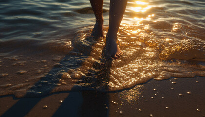 Barefoot woman walking on wet sand at sunset by water generated by AI