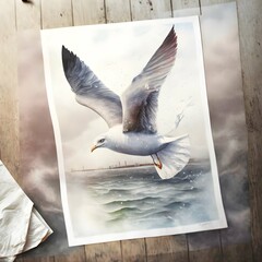 full image watercolor art of a flying seagull realistic vintage watercolor 