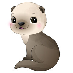 Cute otter poses watercolor illustration
