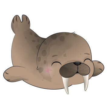 Cute walrus poses watercolor illustration