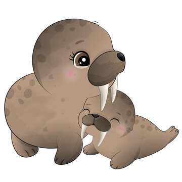 Cute walrus poses watercolor illustration