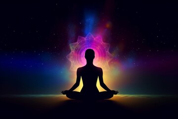 Silhouette of woman meditating in lotus position on abstract background