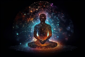 Man meditating in lotus position against colorful background with glowing lines