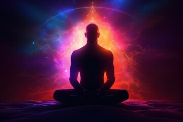 Man meditating in lotus position in front of glowing energy background