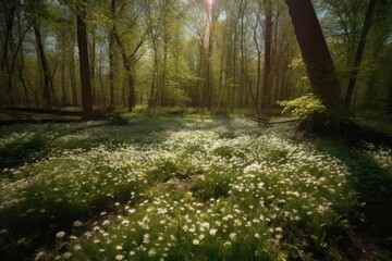 Spring forest with blooming wildflowers. Nature background