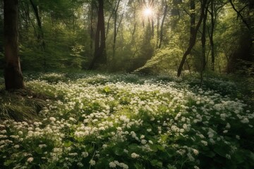 Obraz premium Spring forest with blooming wildflowers. Nature background