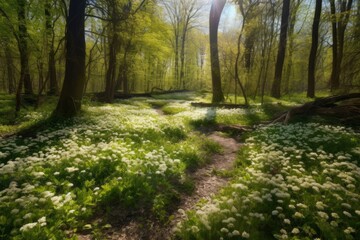 Fototapeta premium Spring forest with blooming wildflowers. Nature background
