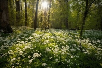 White flowers in the forest. Beautiful spring 
background.