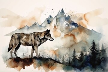 Watercolor painting of a wolf in the mountains. Digital illustration.