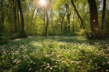 Obraz premium Spring forest with blooming wildflowers. Nature background
