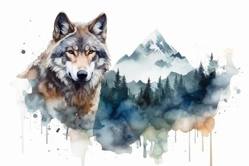 Watercolor portrait of a wolf in the mountains on a white background - obrazy, fototapety, plakaty