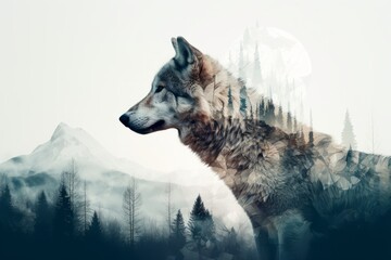 Digital composite of Grey wolf in front of mountains and forest with full moon. Double exposure image.
