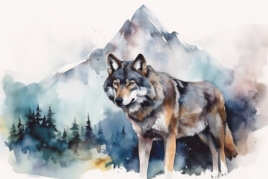 Watercolor painting of a wolf in the mountains on a white background