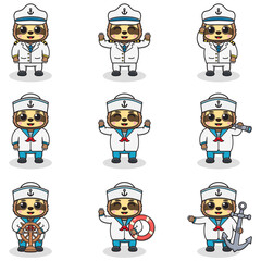Funny Sloth sailors set. Cute Sloth characters in captain cap cartoon vector illustration.