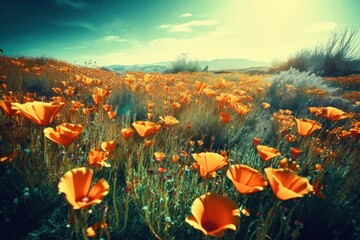Beautiful poppy field in Sicily, Italy. Filtered image processed vintage effect.